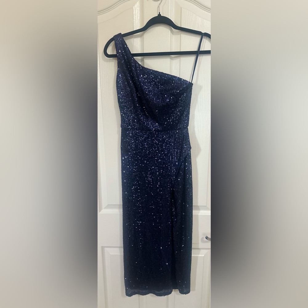 IEENA FOR MAC DUGGAL Navy Blue Sequins One Shoulder Slit Formal Wedding Dress 0.